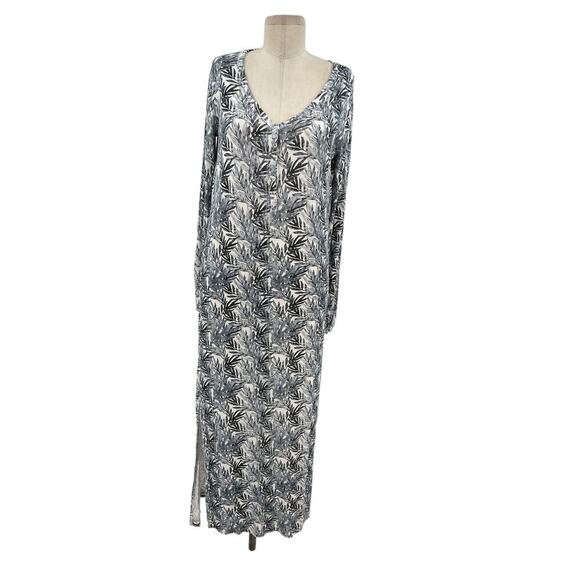 Posh‎ Peanut Henley Button Stretch Maxi Dress Jared Blue Leaf Print Size Small - Picture 1 of 11